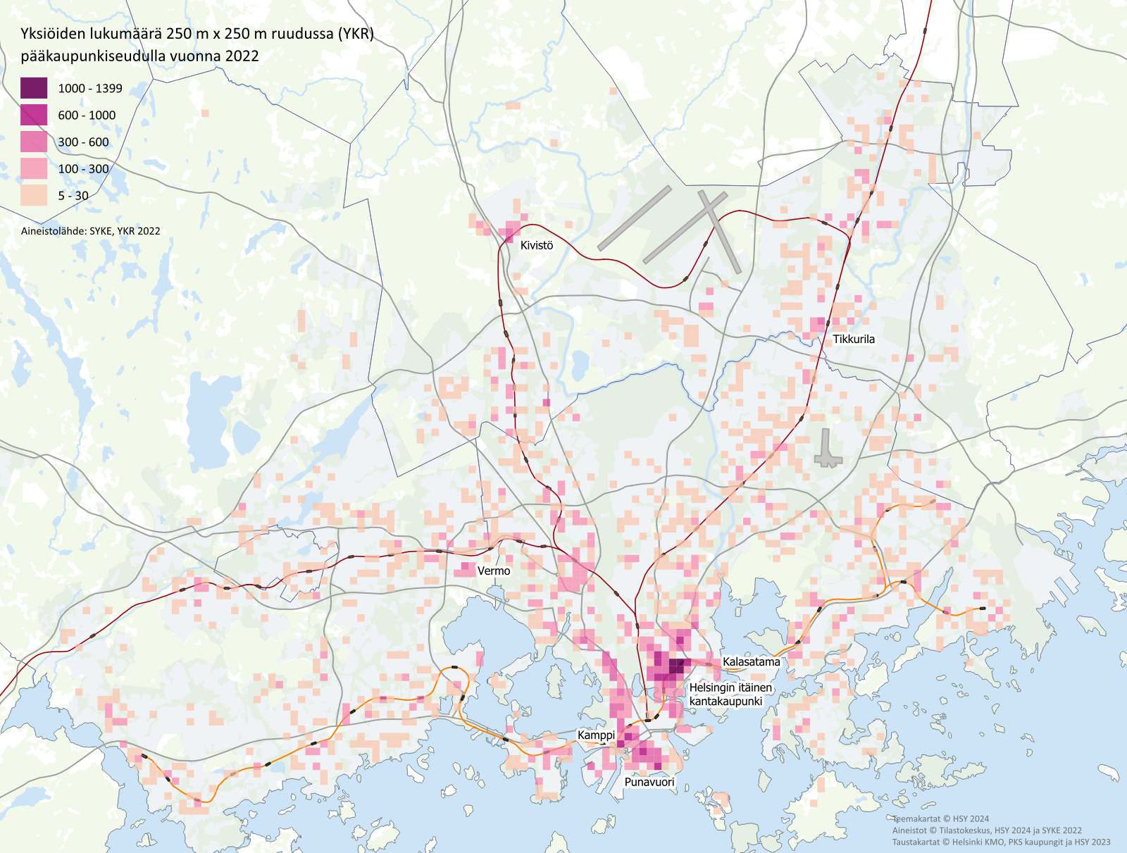 Teemakartta kuvaa yksi&ouml;iden lukum&auml;&auml;r&auml;&auml; yhdyskuntarakenteen seurannan ruuduissa p&auml;&auml;kaupunkiseudun kaupunkien alueella.