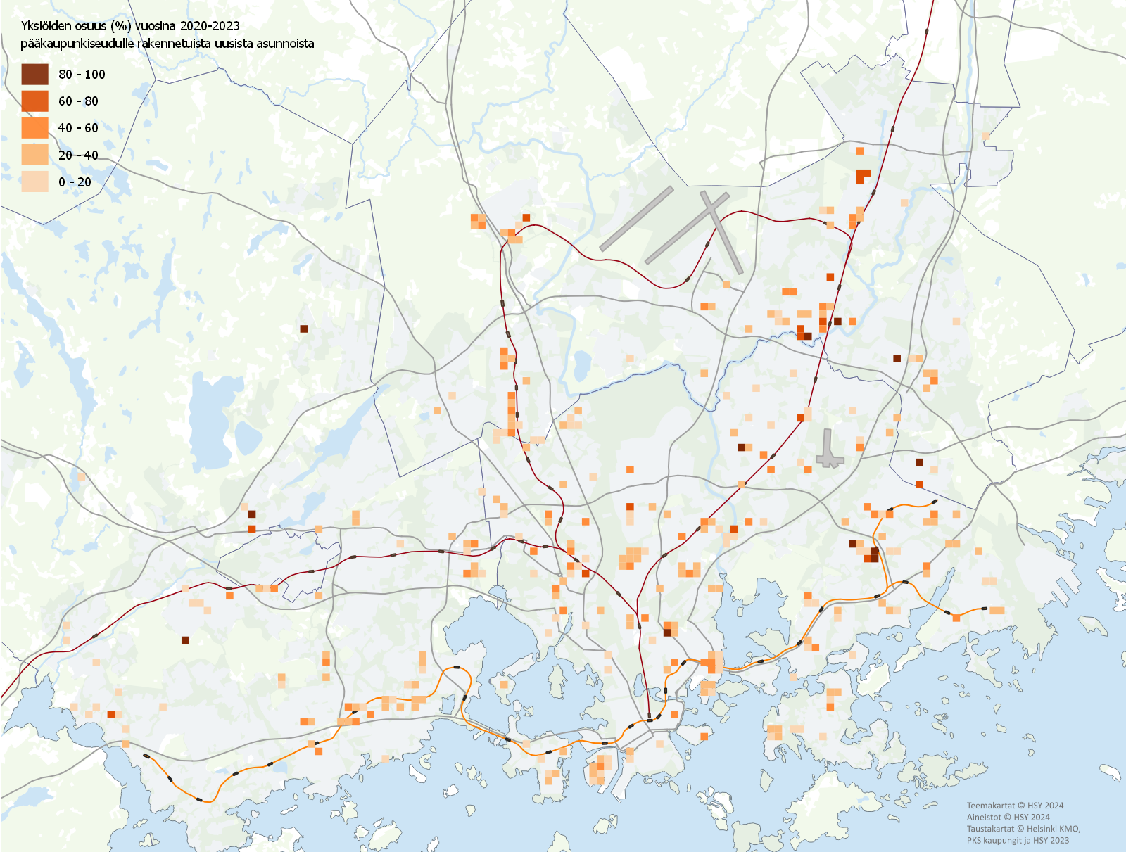 Teemakartta kuvaa yksi&ouml;iden osuutta uusista asunnoista 250 m x 250 m YKR-ruuduissa. Luokittelu on viisiportainen siten, ett&auml; alimmassa luokassa yksi&ouml;iden osuus uusista asunnoista on 0-20 % ja ylimm&auml;ss&auml; luokassa 80-100 %.